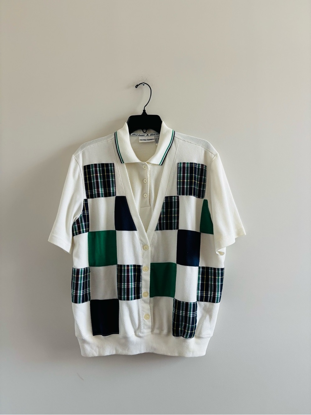 VTG Alfred Dunner Polo Shirt 2fer Plaid Navy White Green Women L Preppy Golf 90s